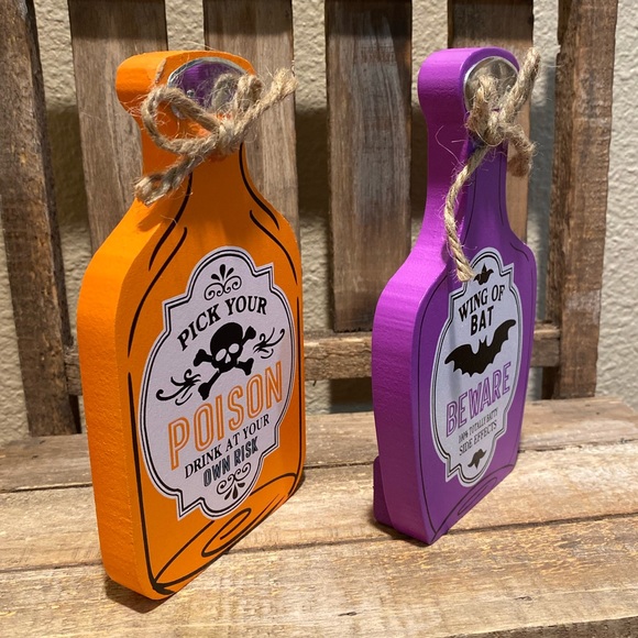 Halloween Potion Bottles Set Of 2, Pick Your Poison, Wing Of Bat, Wood Decor - Picture 5 of 16